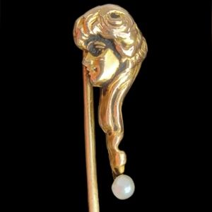 Antique Art Nouveau 14k Gold Enamel Gibson Girl Alling & Co Stickpin Pin